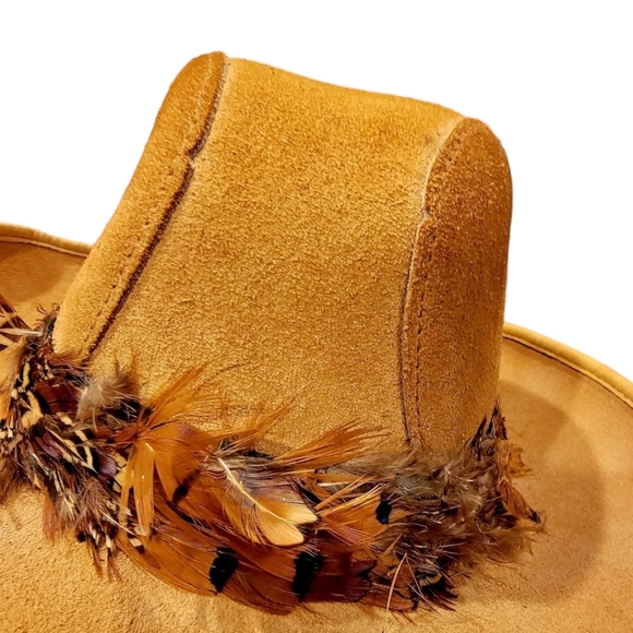 Cowboy Hat Suede With Pheasant Feathers Womens Large - Picture 11 of 11